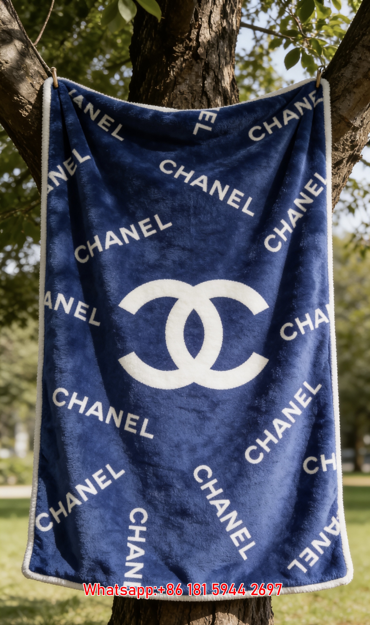 Vibrant Royal Blue All-Over Print Chanel Double C Logo Flannel Sofa Throw Blanket IMG_6990